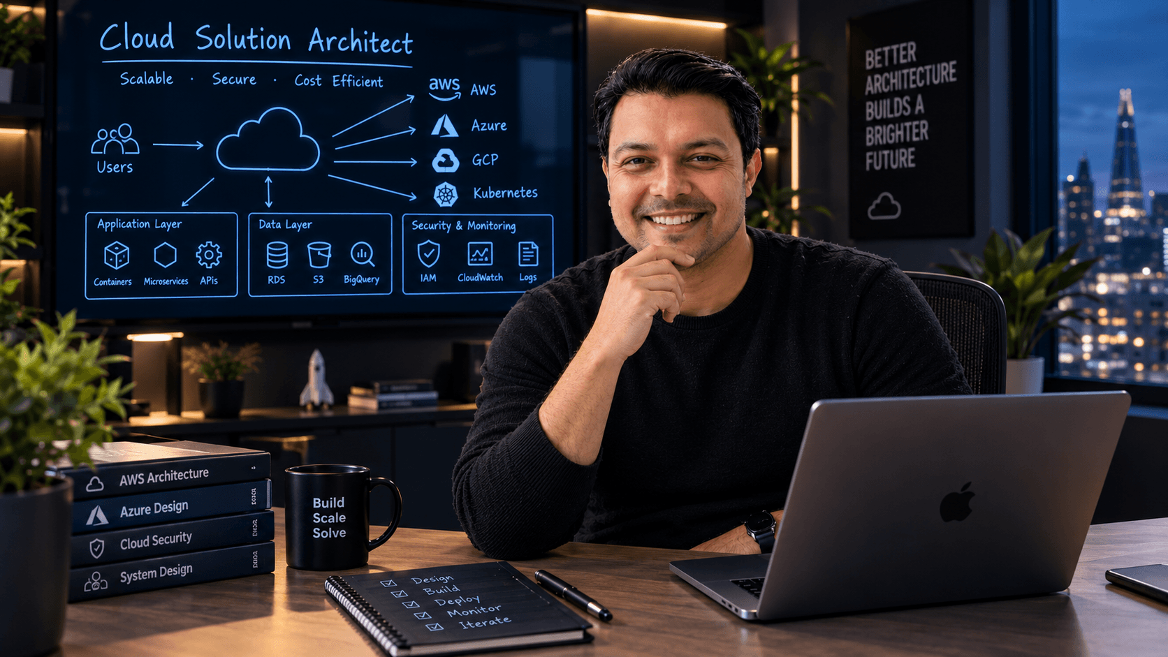 Herschelle Lonare smiling at his desk in front of a cloud architecture diagram